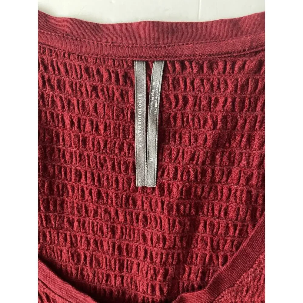 Anthropologie Shirt Womens M Maroon Red Smocked Bell Sleeve Scoop Neck Knit Top